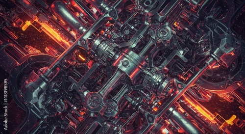 Wallpaper Mural Glowing Mechanical Gears Artwork - Futuristic industrial design, intricate gears, glowing energy, metallic textures, technological advancement. Symbolizing innovation, power, complexity, precision Torontodigital.ca