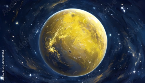 Vibrant Yellow Planet Surrounded By Twinkling Cosmic Stars
