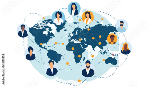 Global Business Team Network Connection Concept on World Map Illustration