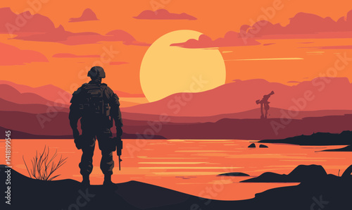 Minimalist Vector Art of Soldier Contemplating Sunset After Returning from War