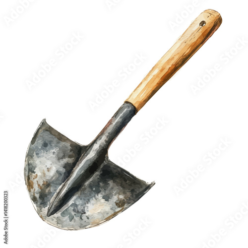 illustration of Garden Hoe With A Worn Wooden Handle, watercolor vector, isolated on a white background.