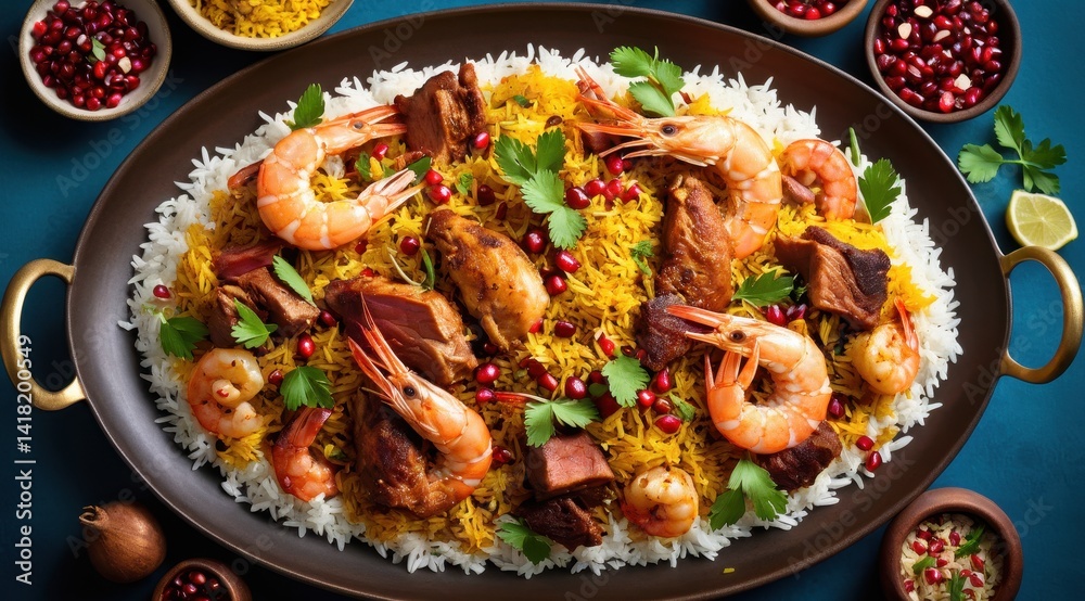 Fototapeta premium A vibrant dish featuring golden rice topped with shrimp, chicken, lamb, pomegranate seeds, and lemon slices, accompanied by side dishes and fresh coriander
