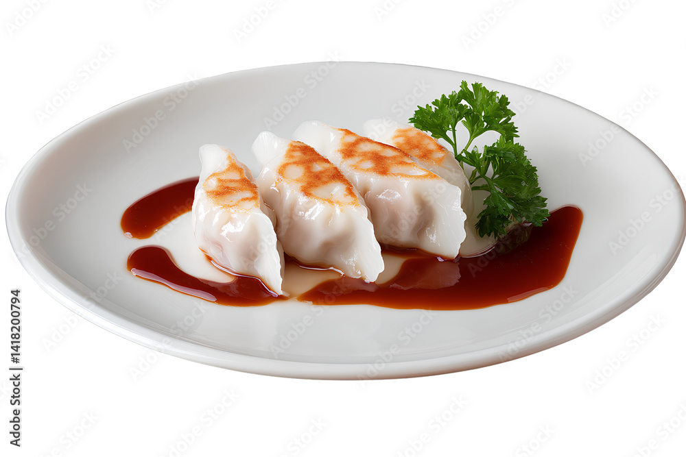 Dumplings with sauce on a white plate, isolated on a transparent background Dumplings with sauce on a white plate, isolated on a transparent background
