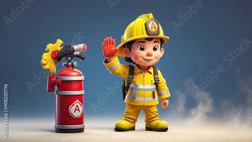 A cheerful cartoon boy dressed as a firefighter, wearing a bright yellow uniform with reflective stripes.