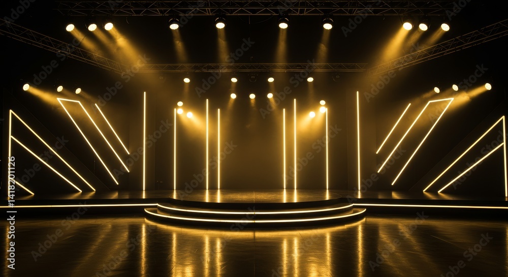 Illuminated Stage Platform Design - Empty stage with golden lights and geometric lines, perfect for award shows, concerts, or presentations