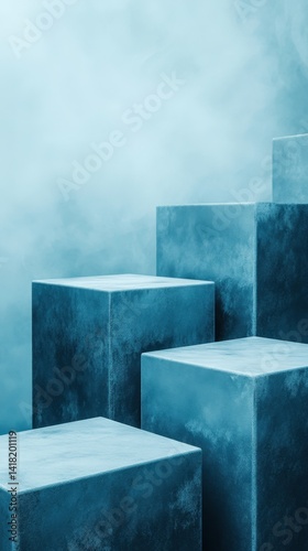 Frosty Blue Translucent Ice Cubes on Podiums in Dreamy Atmosphere
