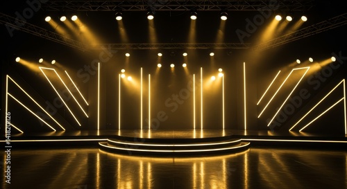 Obraz na płótnie Illuminated Stage Platform Design - Empty stage with golden lights and geometric lines, perfect for award shows, concerts, or presentations w salonie