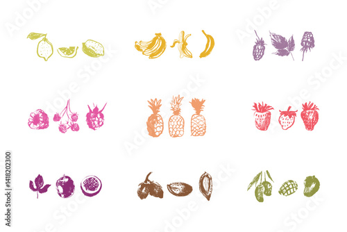Vector icon set of hand drawn fruit and berries in doodle naive style — packaging, labels, food branding, cosmetics, vegan products, eco goods, logo templates — isolated color symbols