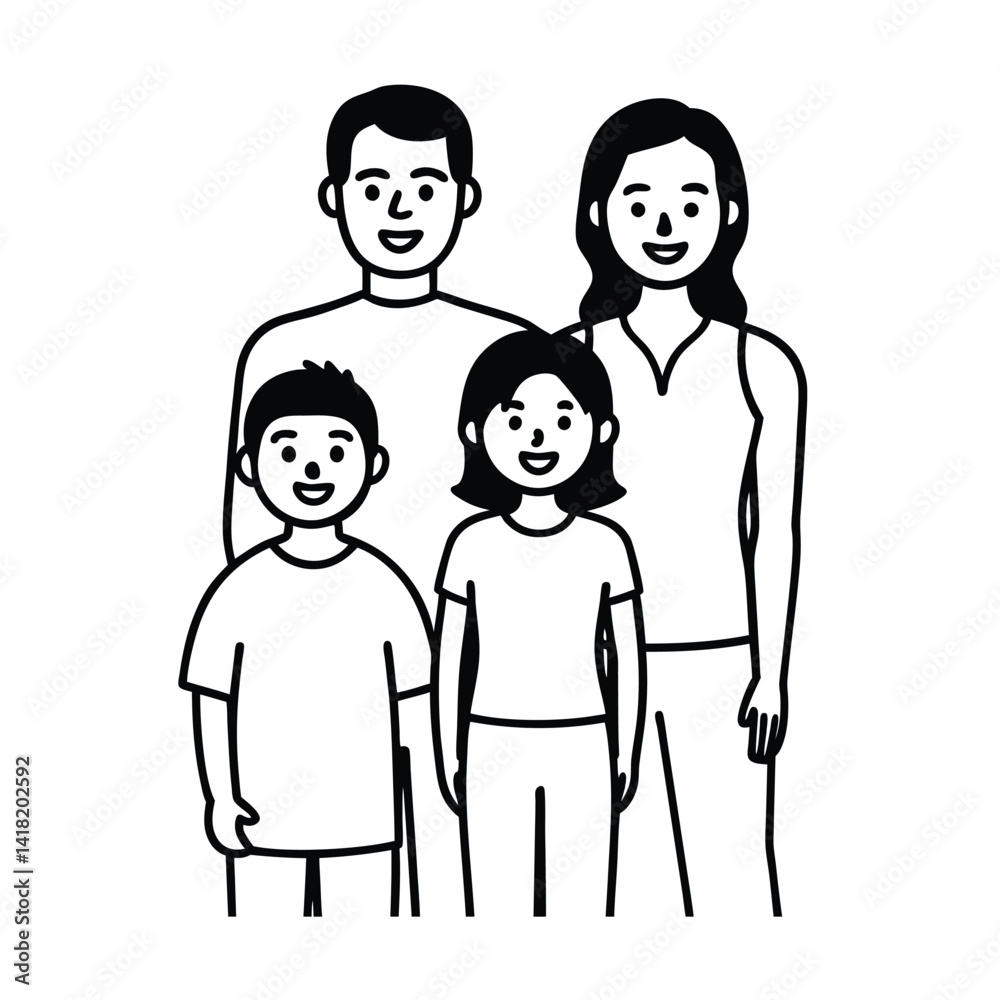 Happy Cartoon Family Portrait Illustration With Father Mother Son And Daughter Together Standing Black And White Happy Cartoon Family Portrait Illustration With Father Mother Son And Daughter Together Standing Black And White