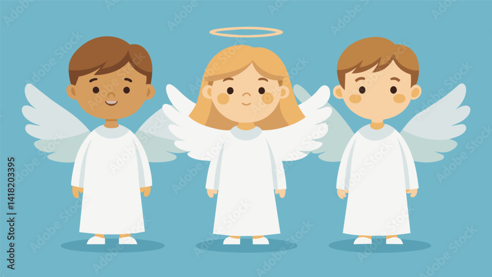 Children dressed in simple white robes with fake angel wings symbolizing the angels in the Bible who delivered messages from God.. Vector illustration Children dressed in simple white robes with fake angel wings symbolizing the angels in the Bible who delivered messages from God.. Vector illustration
