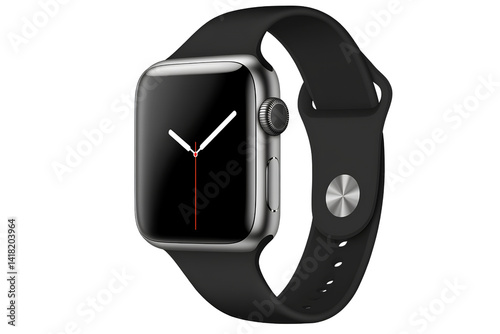An Apple Watch with a black band and silver face on a transparent background