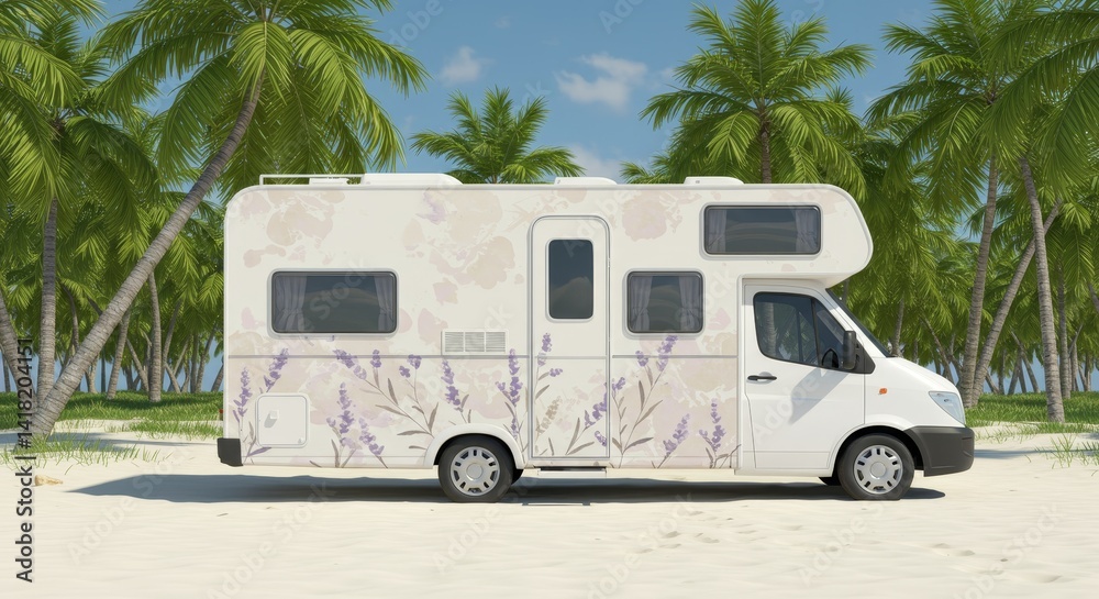 Naklejka premium Minimalist Camper Van Floral Beach Escape - A serene escape, symbolizing freedom, adventure, nature, relaxation, and tranquility. A floral-designed camper van parked on a sandy beach