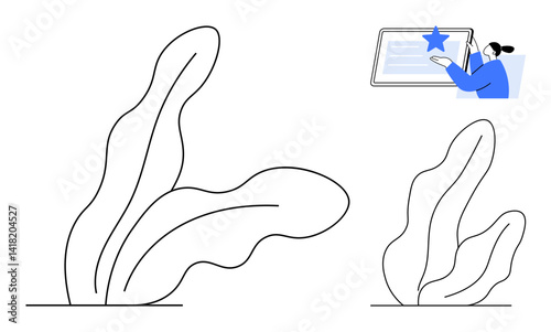 Abstract wavy plants and a person with a blue sweater presenting on a tablet. Ideal for education, creativity, innovation, technology, eco-friendly themes, teamwork, simple landing page
