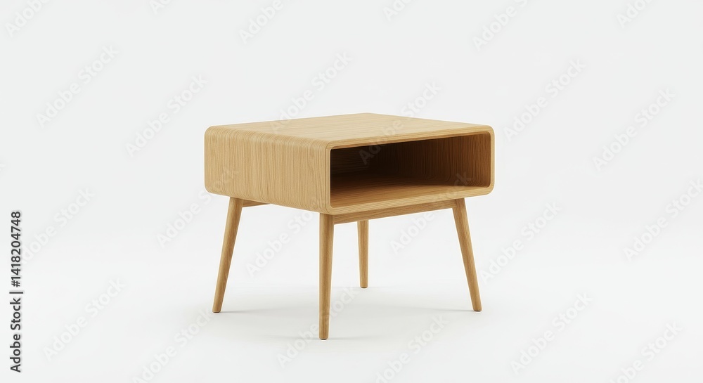 Fototapeta premium Modern Oak Side Table with Open Shelf - Stylish light oak wood side table, featuring a minimalist design and open shelf for storage. Perfect for bedrooms or living rooms