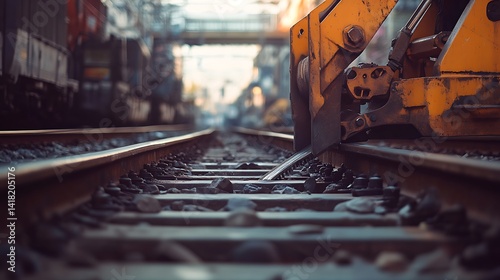 Industrial Railroad Maintenance Scene Featuring Powerful Machinery and Clear Copy Space for Promotional or Branding Use photo
