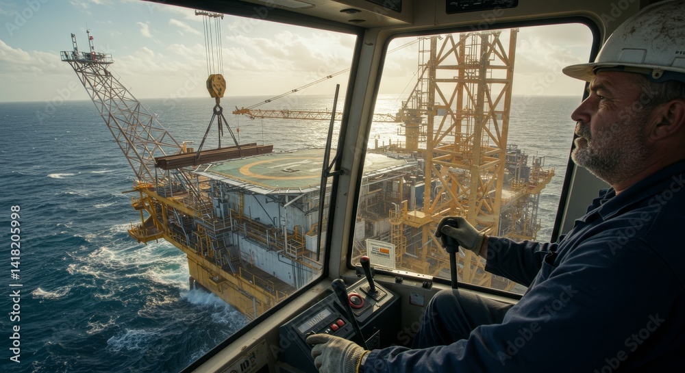 Offshore Oil Rig Operator at Work - A worker operates machinery on an offshore oil rig, overseeing operations in the vast ocean. The setting sun casts a warm glow