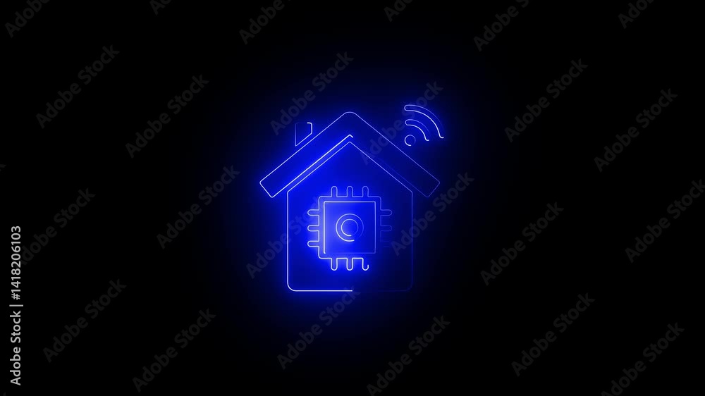 Futuristic blue neon animation of a smart home icon with circuit and wireless signal, representing and smart technology. Bright neon-style icon animation depicting a modern connected home concept Futuristic blue neon animation of a smart home icon with circuit and wireless signal, representing and smart technology. Bright neon-style icon animation depicting a modern connected home concept