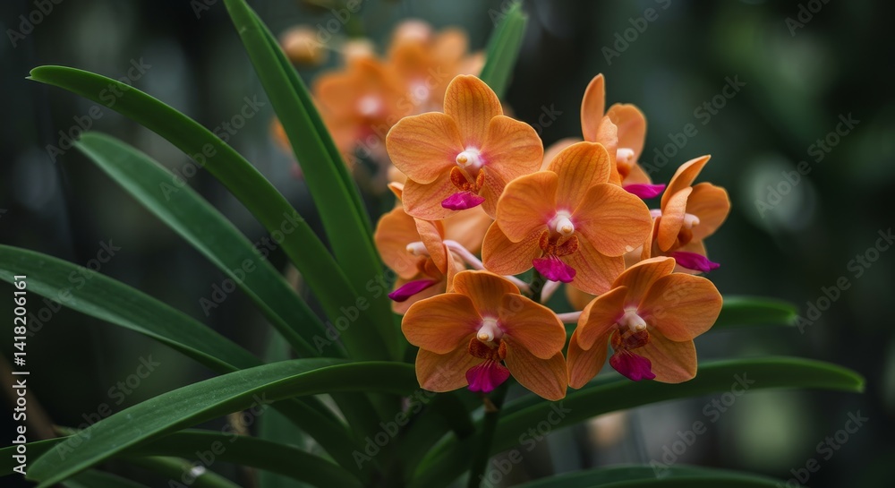 Orange and Purple Orchid Bloom - Elegant orange and purple orchids in full bloom, symbolizing beauty, serenity, luxury, refinement, and perfection