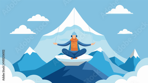 A yogi suspended in the air virtually transported to a snowy mountain peak practicing advanced aerial poses while taking in the breathtaking virtual. Vector illustration