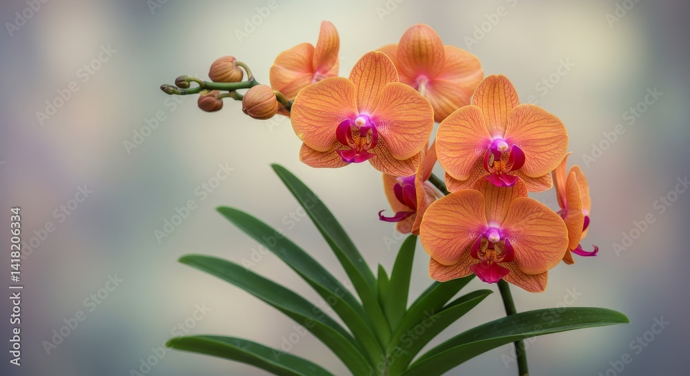 Orange Phalaenopsis Orchid Bloom - Close-up of vibrant orange phalaenopsis orchids in full bloom, showcasing their delicate petals and vibrant color against a soft background