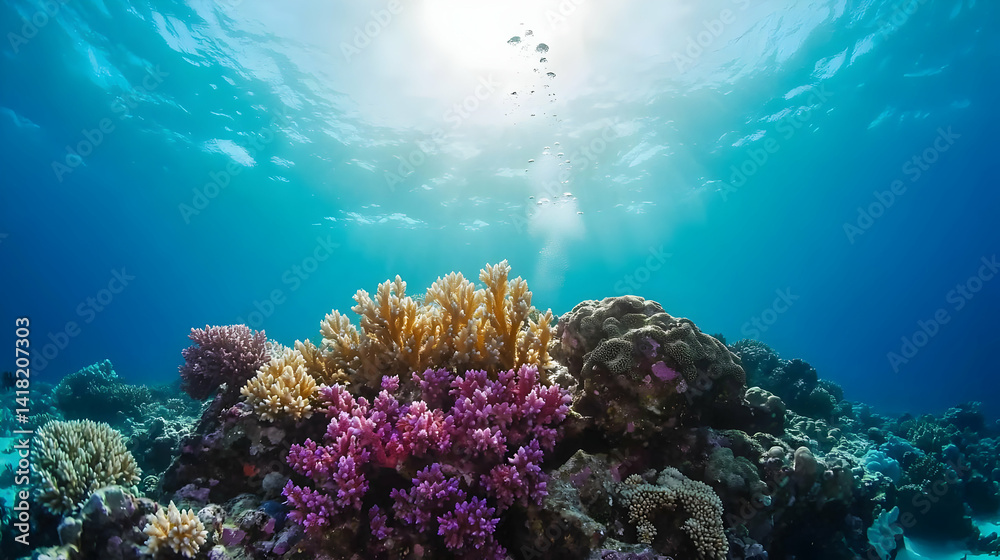 Naklejka premium Colorful Coral Reef Underwater Sunlight