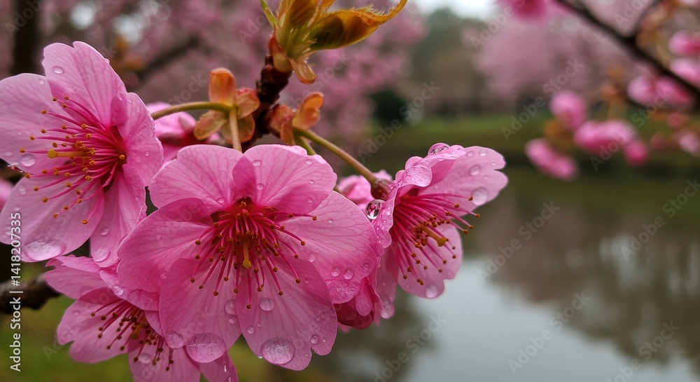 Pink Cherry Blossoms with Dew Drops - Close-up of delicate pink cherry blossoms glistening with morning dew,soft focus background of a tranquil pond