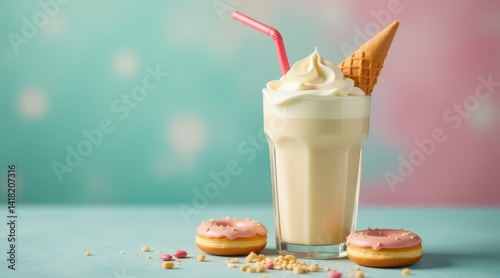 Glass of creamy milkshake with waffle cone topping, surrounded by glazed pink donuts on a pastel pink and teal backdrop