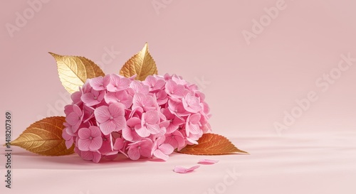 Obraz na płótnie Pink Hydrangea Blooms and Golden Leaves - Elegant pink hydrangea blossoms paired with golden leaves, symbolizing beauty, serenity, luxury, grace, and autumnal transition w salonie