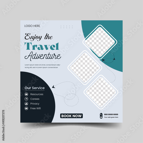 Modern and corporate social media post template. Web banner, flyer or poster for travelling agency business offer promotion.