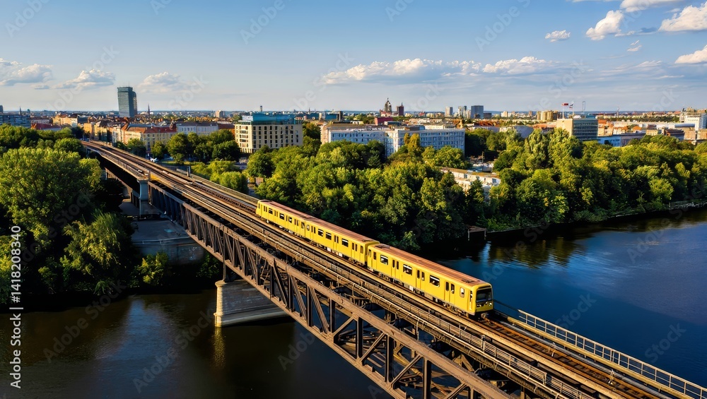 Yellow Subway Train Crossing City Bridge

