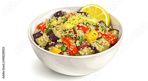 Obraz na płótnie Quinoa Salad with Roasted Vegetables - A vibrant quinoa salad bowl featuring roasted eggplant, bell peppers, corn, and a lemon vinaigrette. Healthy and delicious! w salonie