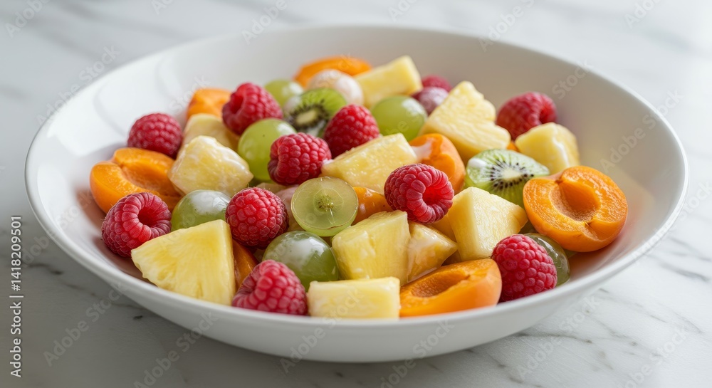 Refreshing Fruit Salad Bowl - A vibrant mix of fresh pineapple, raspberries, apricots, kiwi, and green grapes in a white bowl. Perfect for a healthy and delicious snack or dessert