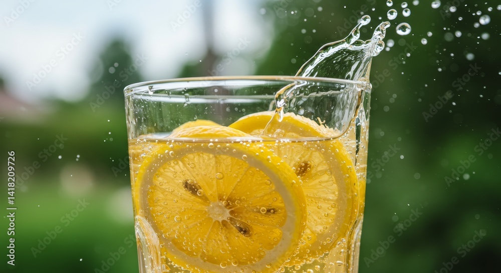 Refreshing Lemon Soda Drink - Close-up of a glass of sparkling water with lemon slices, bubbles splashing. Perfect for summer