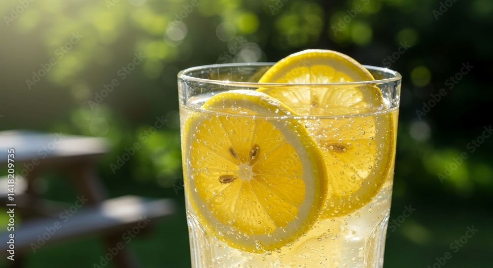Refreshing Lemon Drink in Summer - Close-up of a tall glass filled with a sparkling lemon beverage, garnished with lemon slices. The background is blurred, showing a sunny outdoor setting