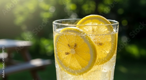 Obraz na płótnie Refreshing Lemon Drink in Summer - Close-up of a tall glass filled with a sparkling lemon beverage, garnished with lemon slices. The background is blurred, showing a sunny outdoor setting w salonie