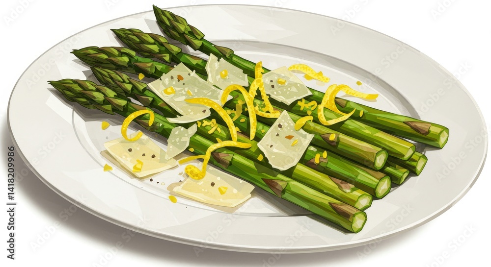 Roasted Asparagus with Lemon and Parmesan - A vibrant plate of roasted asparagus spears, delicately seasoned with lemon zest and shaved Parmesan cheese. Symbolizing freshness, healthy eating