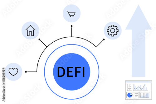 DEFI at center with connected icons of heart, house, cart, gear, and chart. Arrow signifying growth, box showing analytics. Ideal for finance, technology innovation progress data business simple