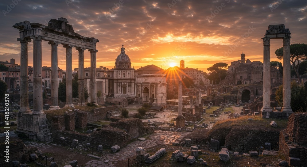 Fototapeta premium Roman Forum Sunrise - Majestic sunrise over the ancient ruins of the Roman Forum, showcasing iconic columns and temples bathed in golden light