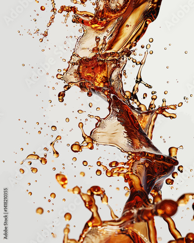 Craft an arresting longish image featuring cascading liquid brown soda or tea