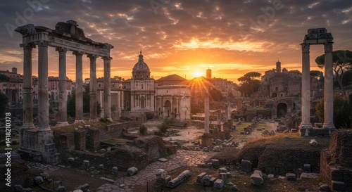 Roman Forum Sunrise - Majestic sunrise over the ancient ruins of the Roman Forum, showcasing iconic columns and temples bathed in golden light
