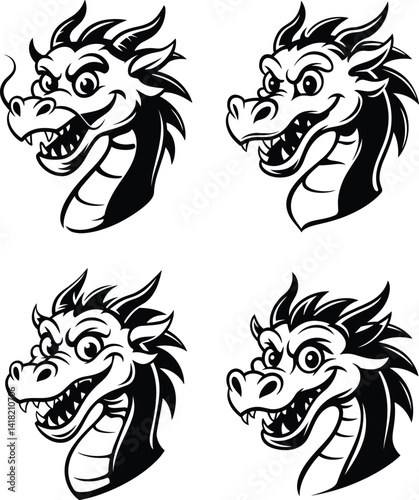 Set of 4 Black and White Cartoon Dragon Head Vector Illustrations – Mischievous Mascot Style Collection