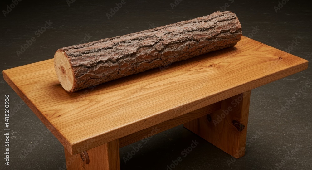 Rustic Log Table with Pine Log - A rustic wooden table crafted from natural wood, featuring a smooth surface and showcasing the wood grain. A sturdy pine log, bark intact, rests atop the table