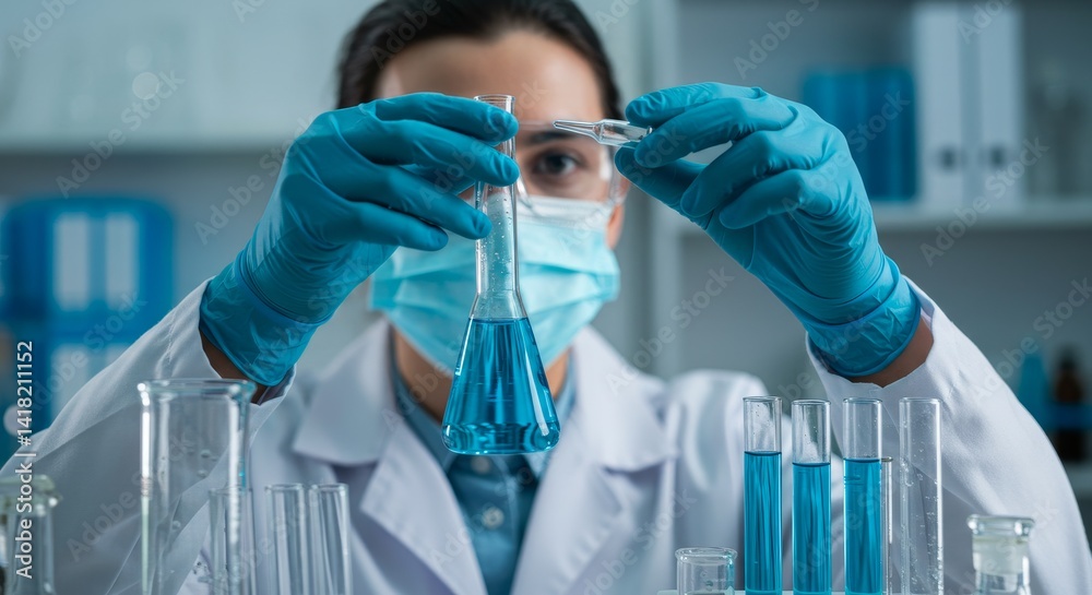 Scientist Examining Blue Liquid in Flask - A scientist in a lab coat and gloves carefully examines a flask of blue liquid, conducting scientific research