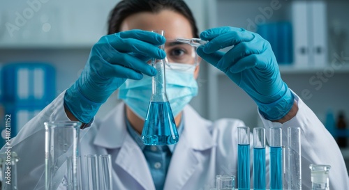 Scientist Examining Blue Liquid in Flask - A scientist in a lab coat and gloves carefully examines a flask of blue liquid, conducting scientific research