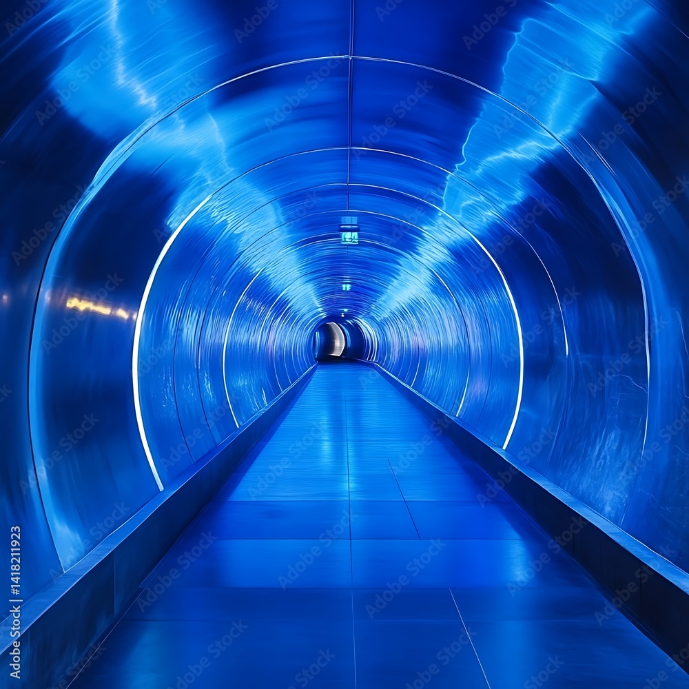 A dramatic view of a glowing blue tunnel with bright LED lighting A dramatic view of a glowing blue tunnel with bright LED lighting