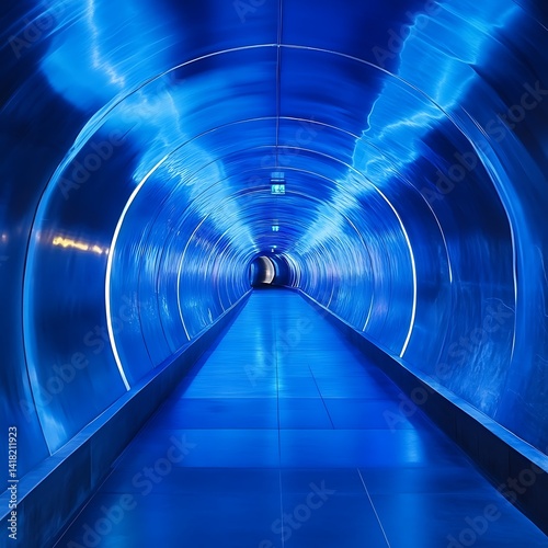 A dramatic view of a glowing blue tunnel with bright LED lighting