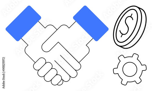 Handshake representing trust and cooperation, coin for finance or funds, and gear denoting teamwork or operations. Ideal for business, teamwork, finance, collaboration, partnership, negotiation