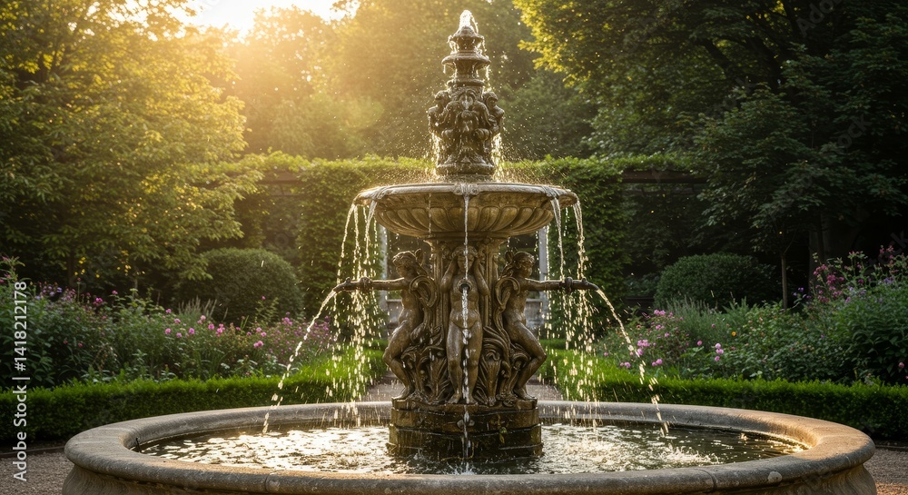 Serene Garden Fountain at Sunrise - A tranquil scene of an ornate stone fountain in a lush garden, bathed in the warm glow of sunrise. Water flows gracefully, creating a peaceful atmosphere