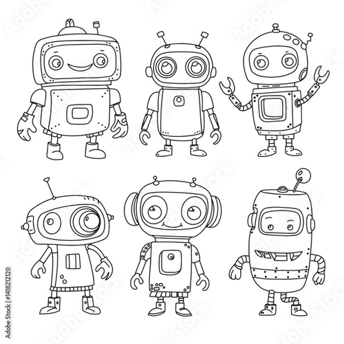 vector drawing in doodle style. set of cute robots. children's line drawing. coloring book