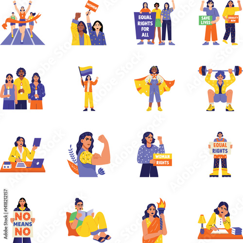 Bundle of Feminist Character Flat Style Illustrations 

